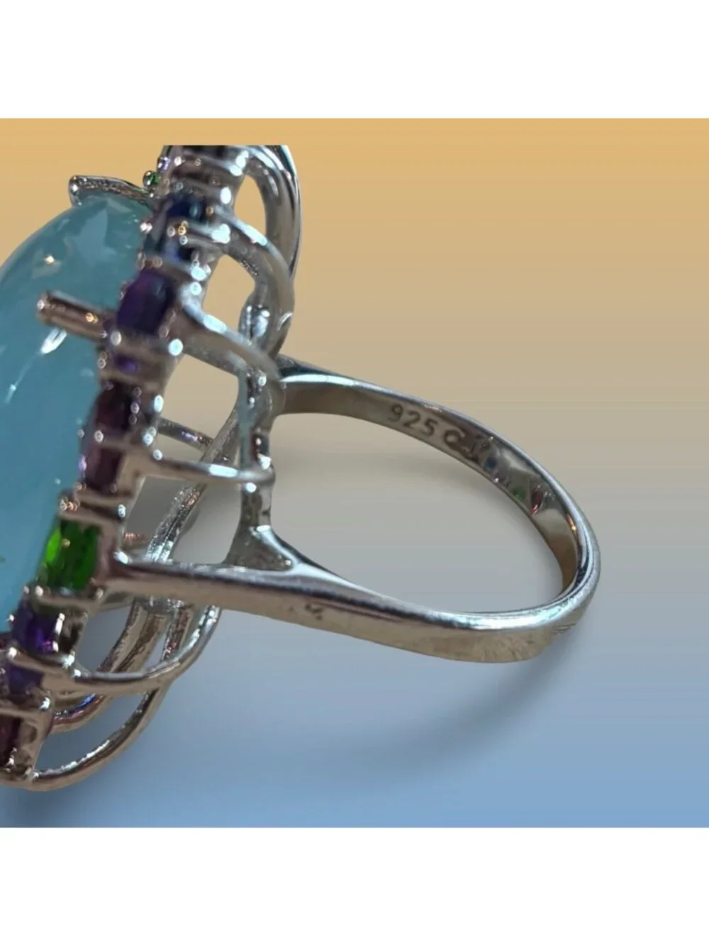 Multicolor Gemstone Sterling Silver Chalcedony Aqua Center Stone Statement Ring